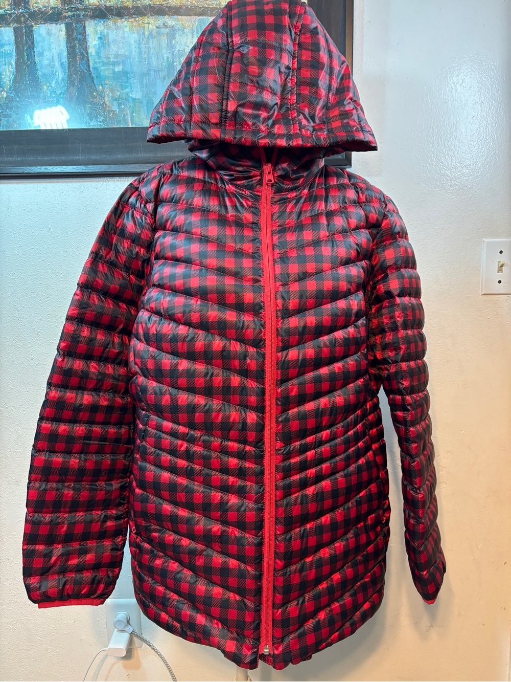Lands' End Red and Black Buffalo Plaid Puffer Jacket with Hood